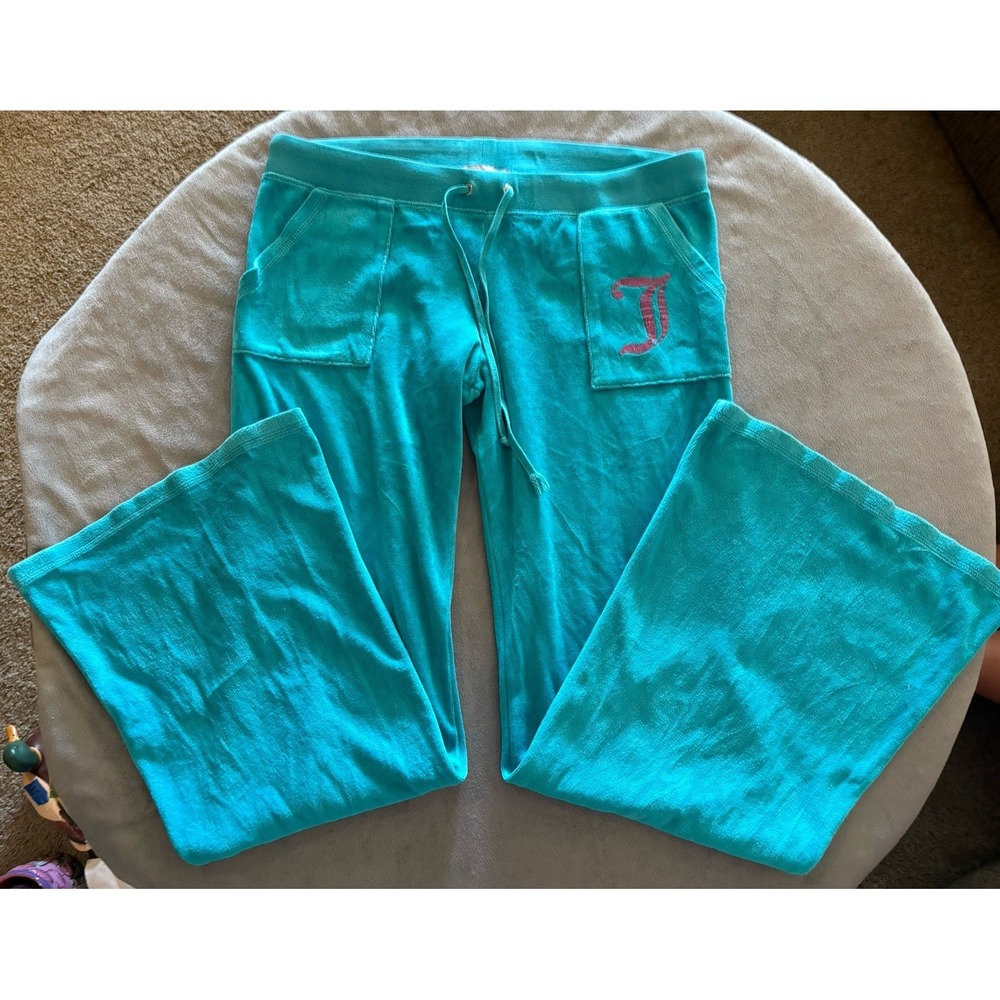 Vintage Juicy Couture Terry Cloth Teal Track Pants Snap Pockets Size Large